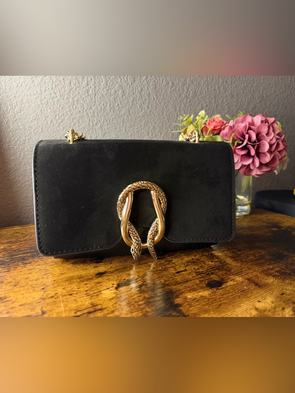 Express Black Suede Shoulder Bag with Gold Snake Accent